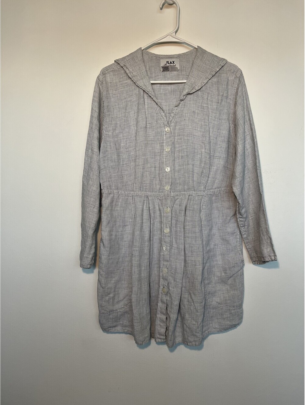 Vintage FLAX Jeanne Engelhart Gray Check Linen Lagenlook Tunic Dress Small